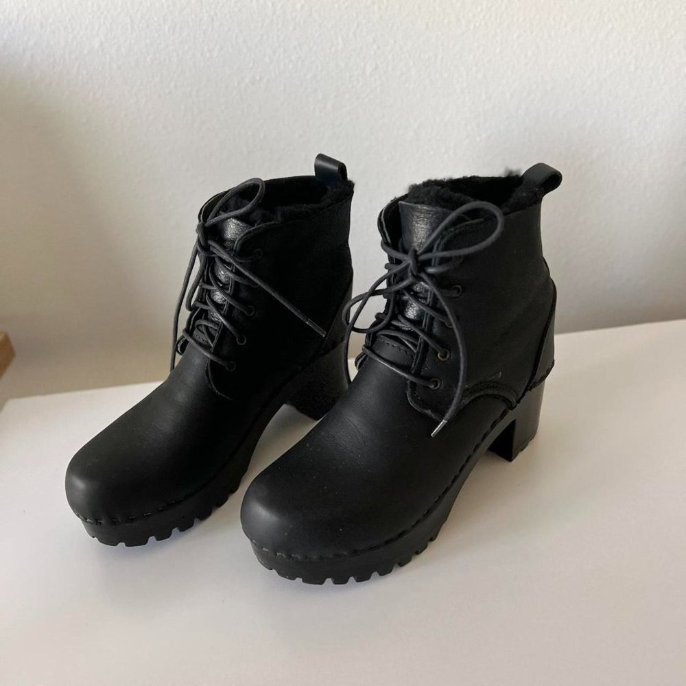 NEW No.6 Black Clog Lace-Up Boots with Shearling